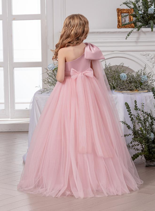 تايك تو فستان طويل بناتي شبكي وردي بكتف واحد - Image 3